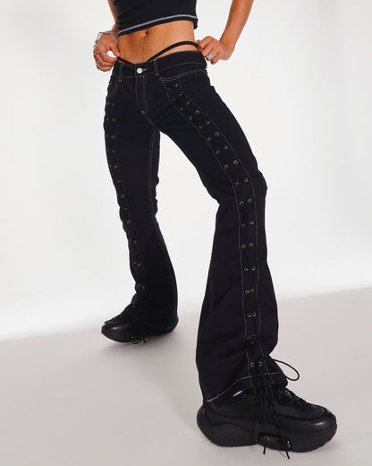 Cyber Y2K Low Rise Denim Eyelet Lace-Up Jeans In Black