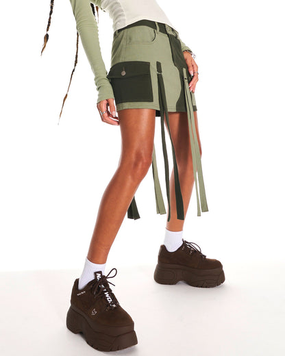 Cyber Twill Y2K Mini Cargo Skirt With Tassels In Green