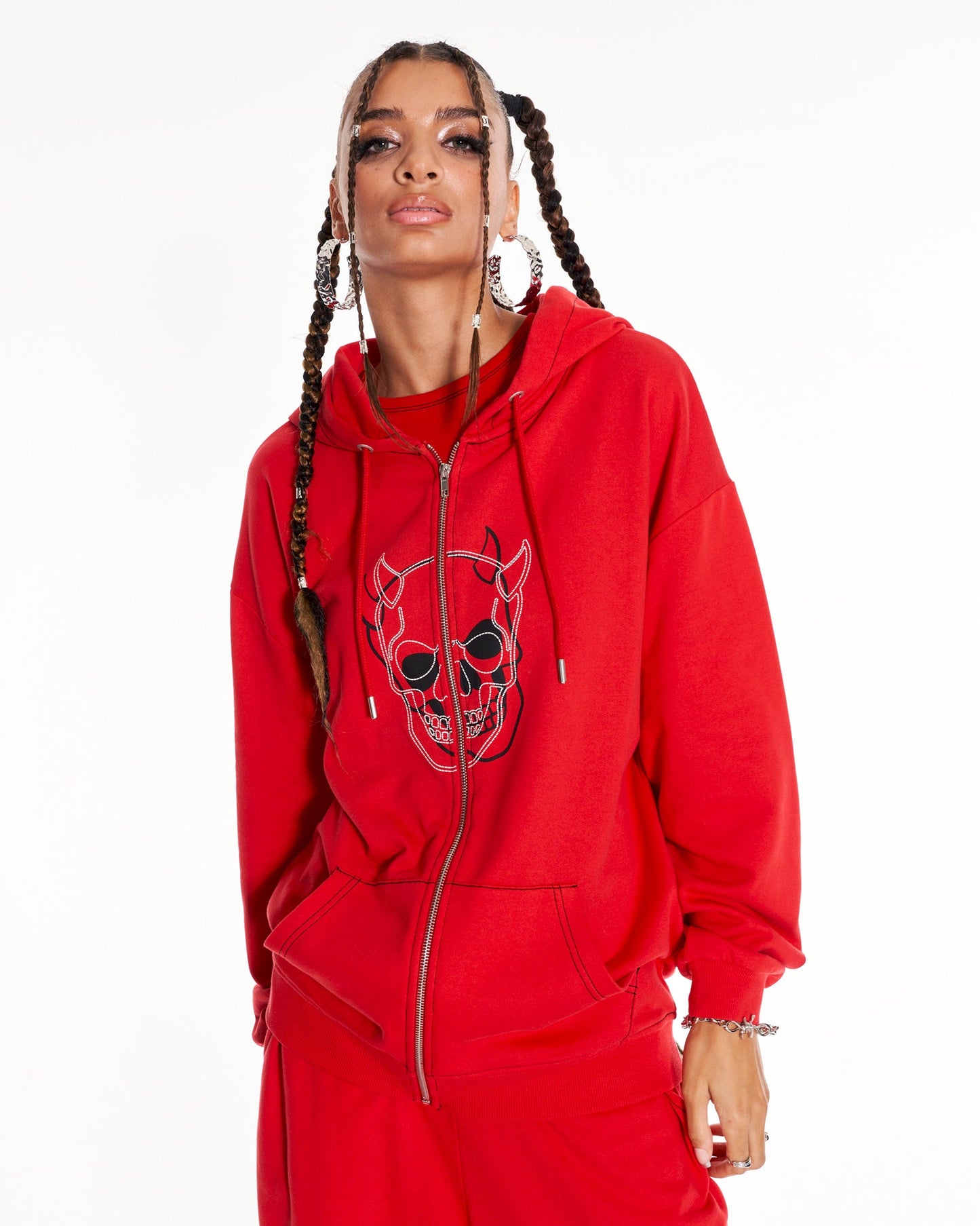 Devilish Staple Oversized Zip Up Hoodie With Graphic In Red