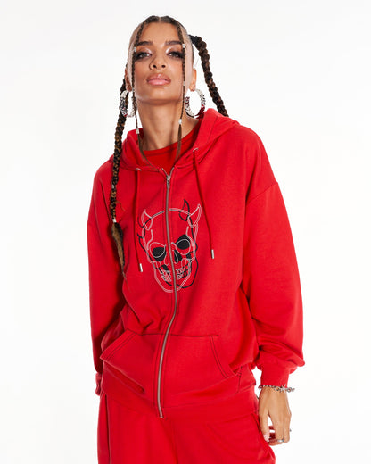 Devilish Staple Oversized Zip Up Hoodie With Graphic In Red