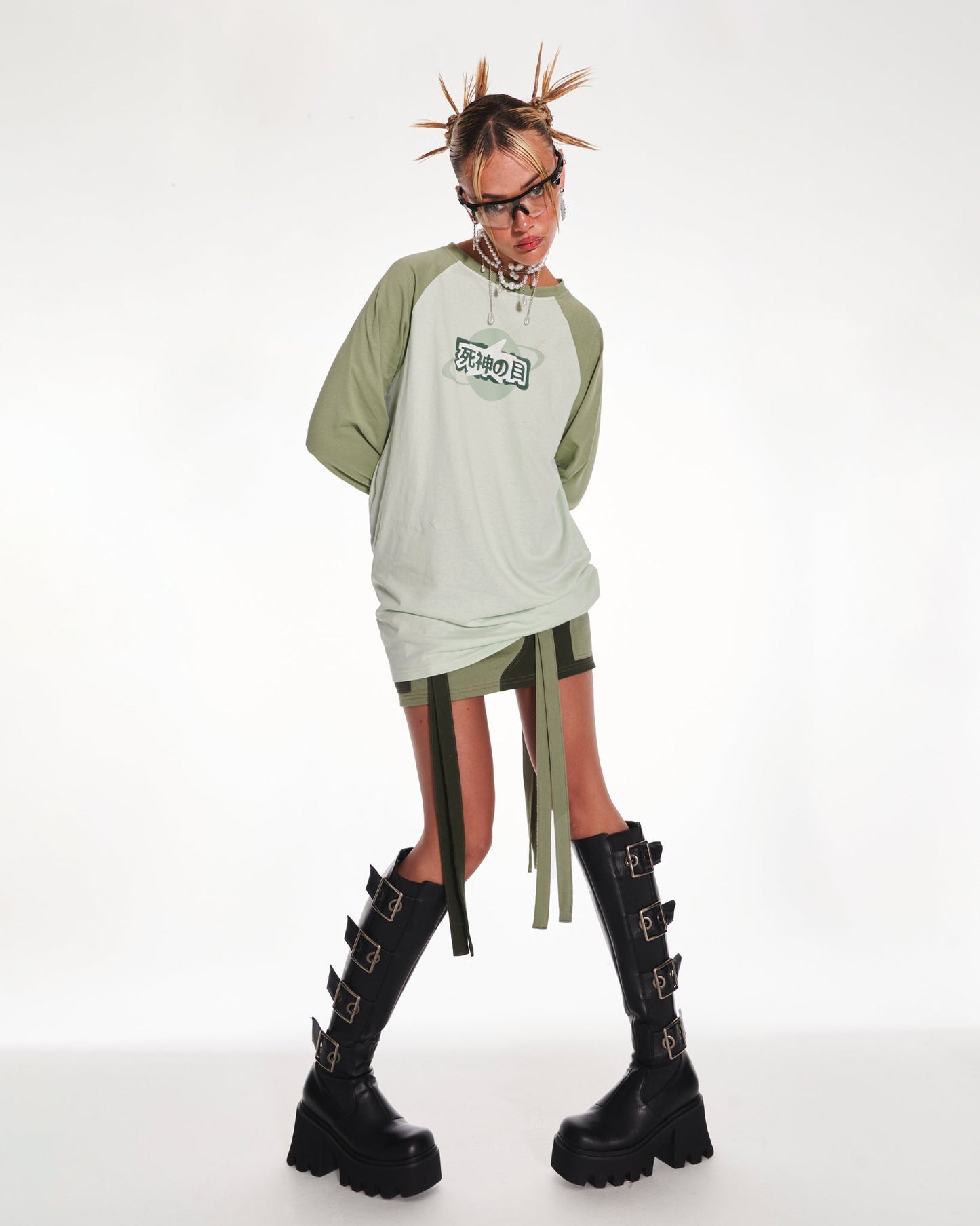 Time Traveler Oversized Raglan Long Sleeve Top With Graphic In Green