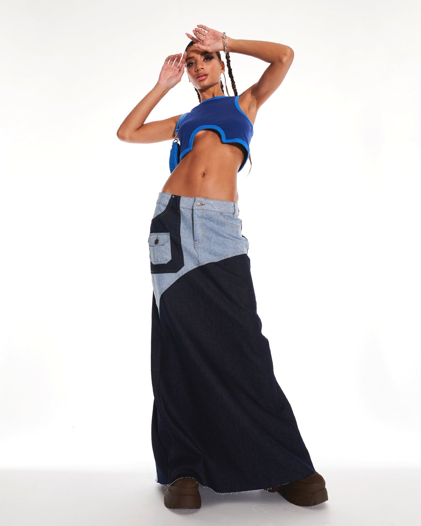 Sweet Tragedy Denim Patchwork Maxi Skirt In Blue