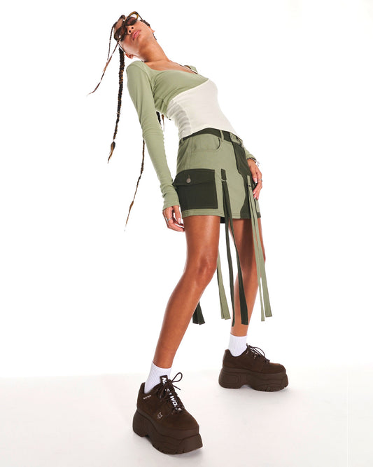 Cyber Twill Y2K Mini Cargo Skirt With Tassels In Green