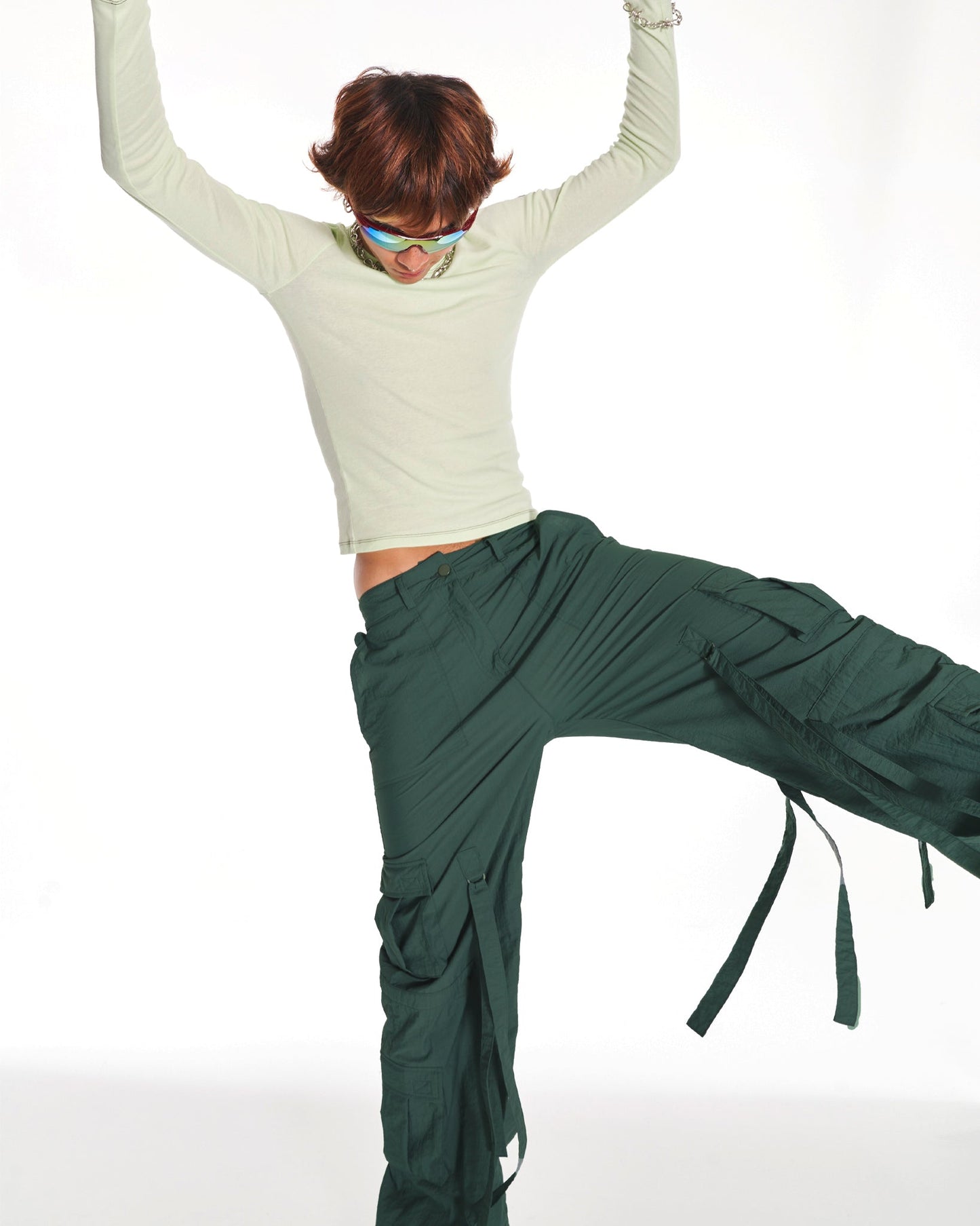 Green Knight Parachute Cargo Trousers With Tassels In Green