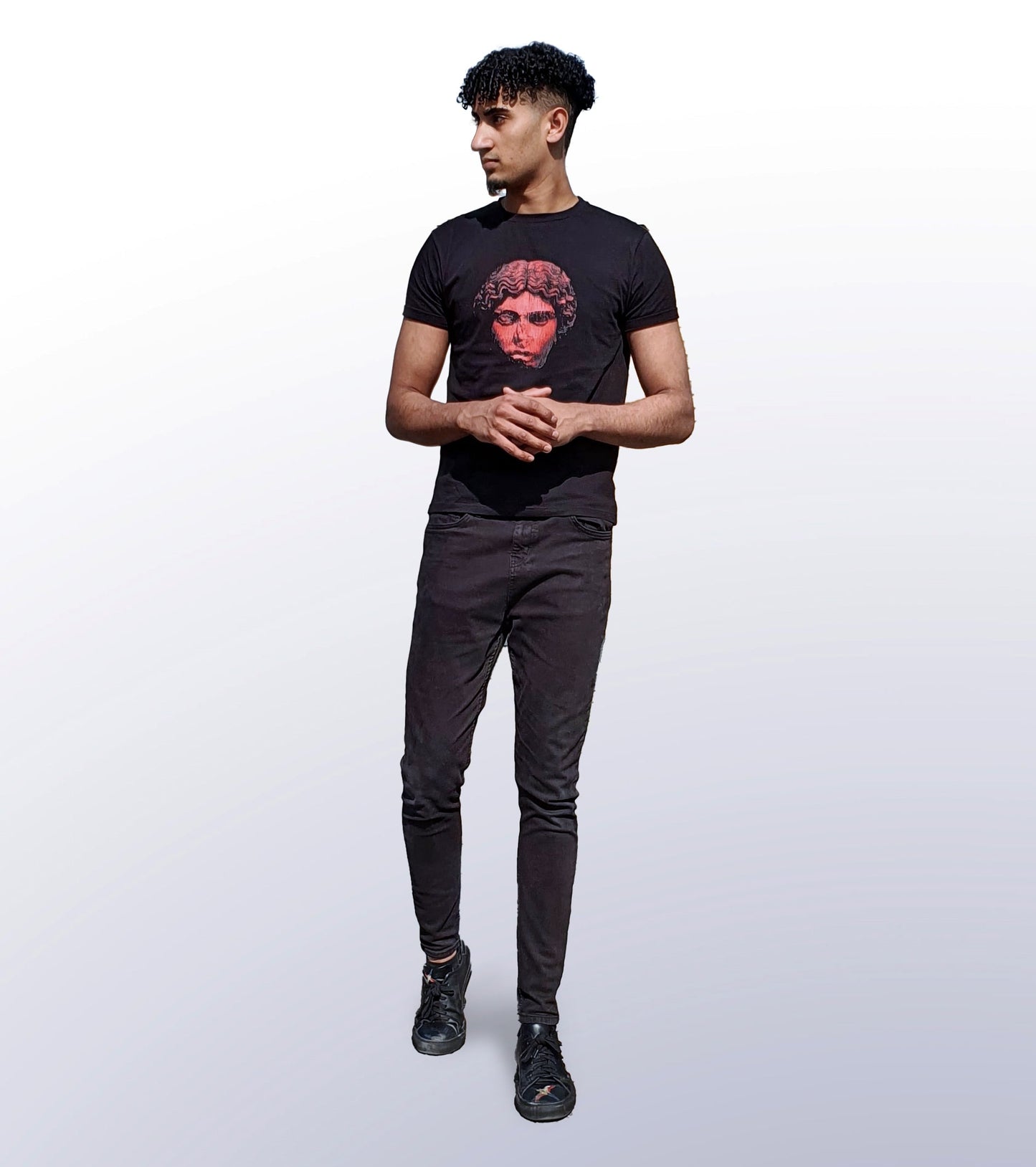 HEAD NO SHOULDERS RED - FRONT PRINT - BLACK T-SHIRT