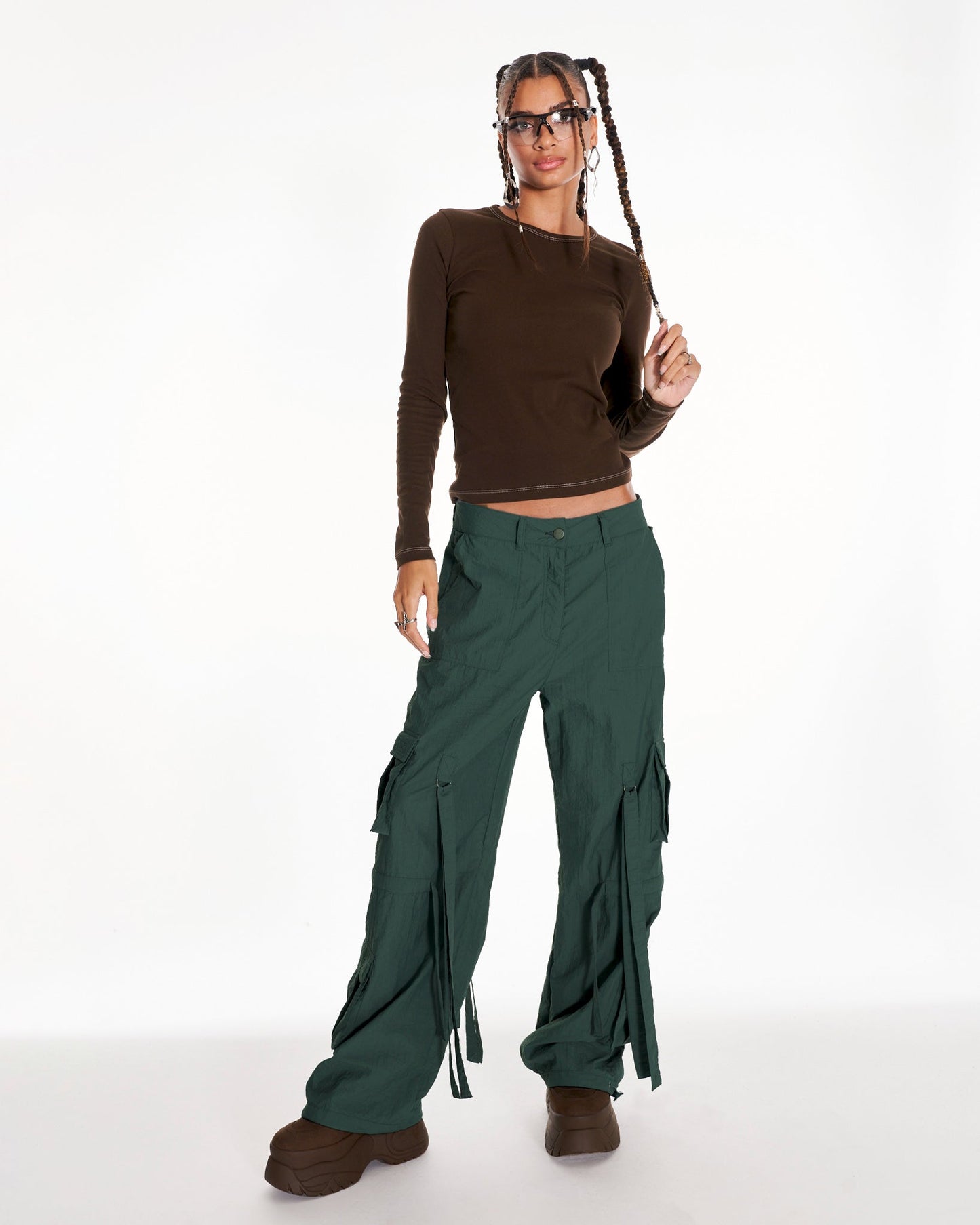 Green Knight Parachute Cargo Trousers With Tassels In Green