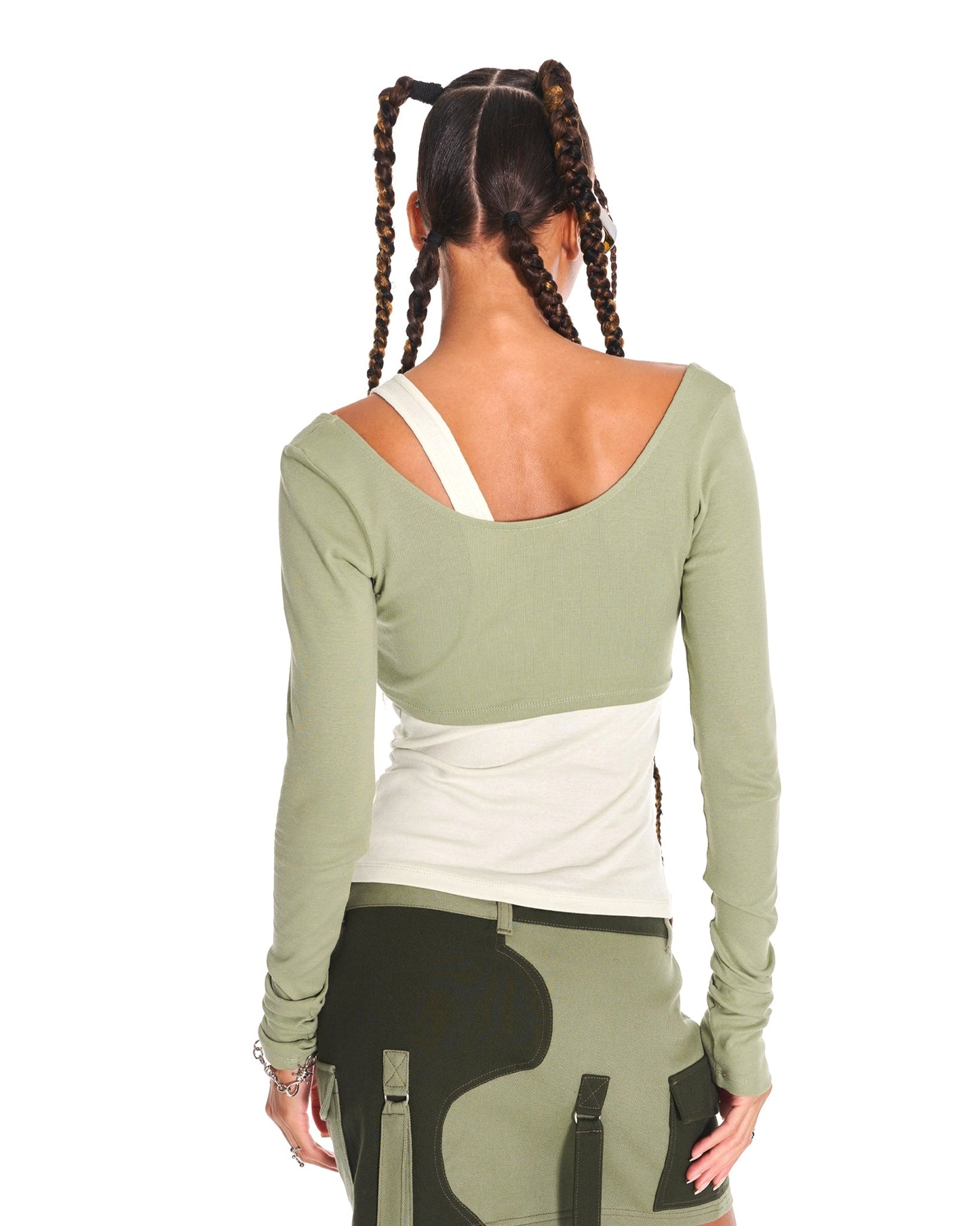 Mischief 2 Piece Long Sleeve Crop Top With Asymmetric Tank Top In Green