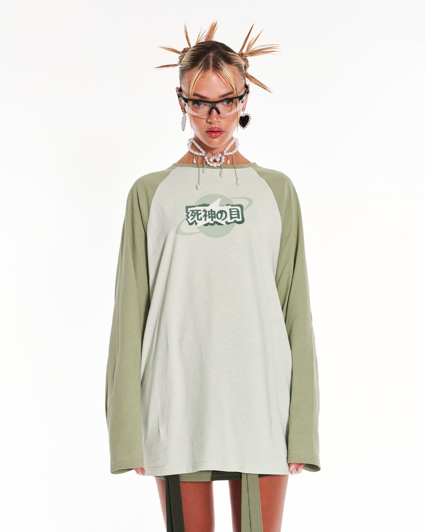 Time Traveler Oversized Raglan Long Sleeve Top With Graphic In Green