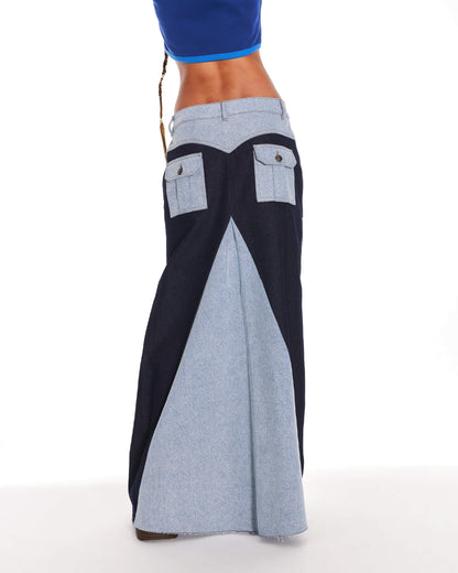 Sweet Tragedy Denim Patchwork Maxi Skirt In Blue