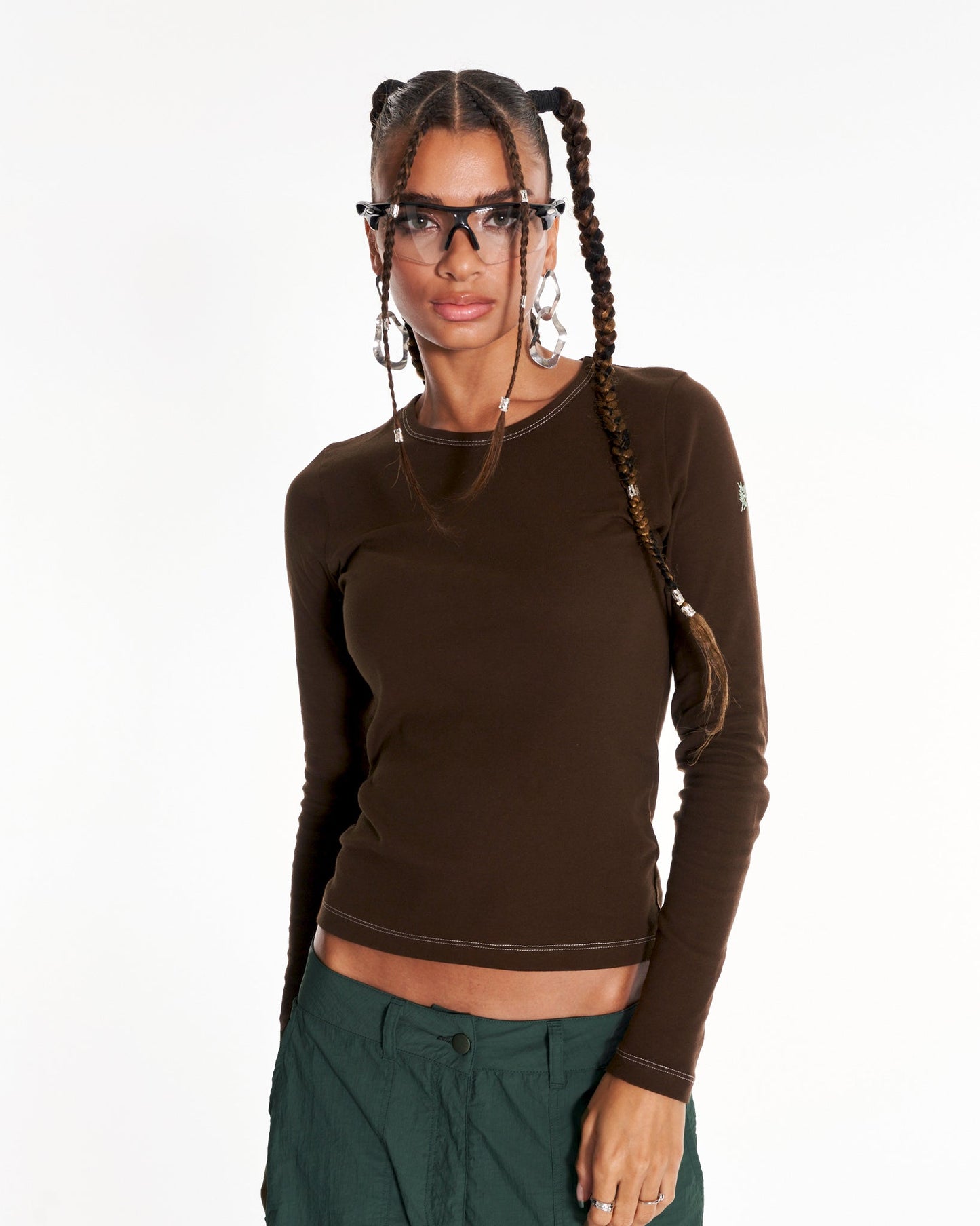 Trancemaster Long Sleeve Fitted Top With Embroidery In Brown