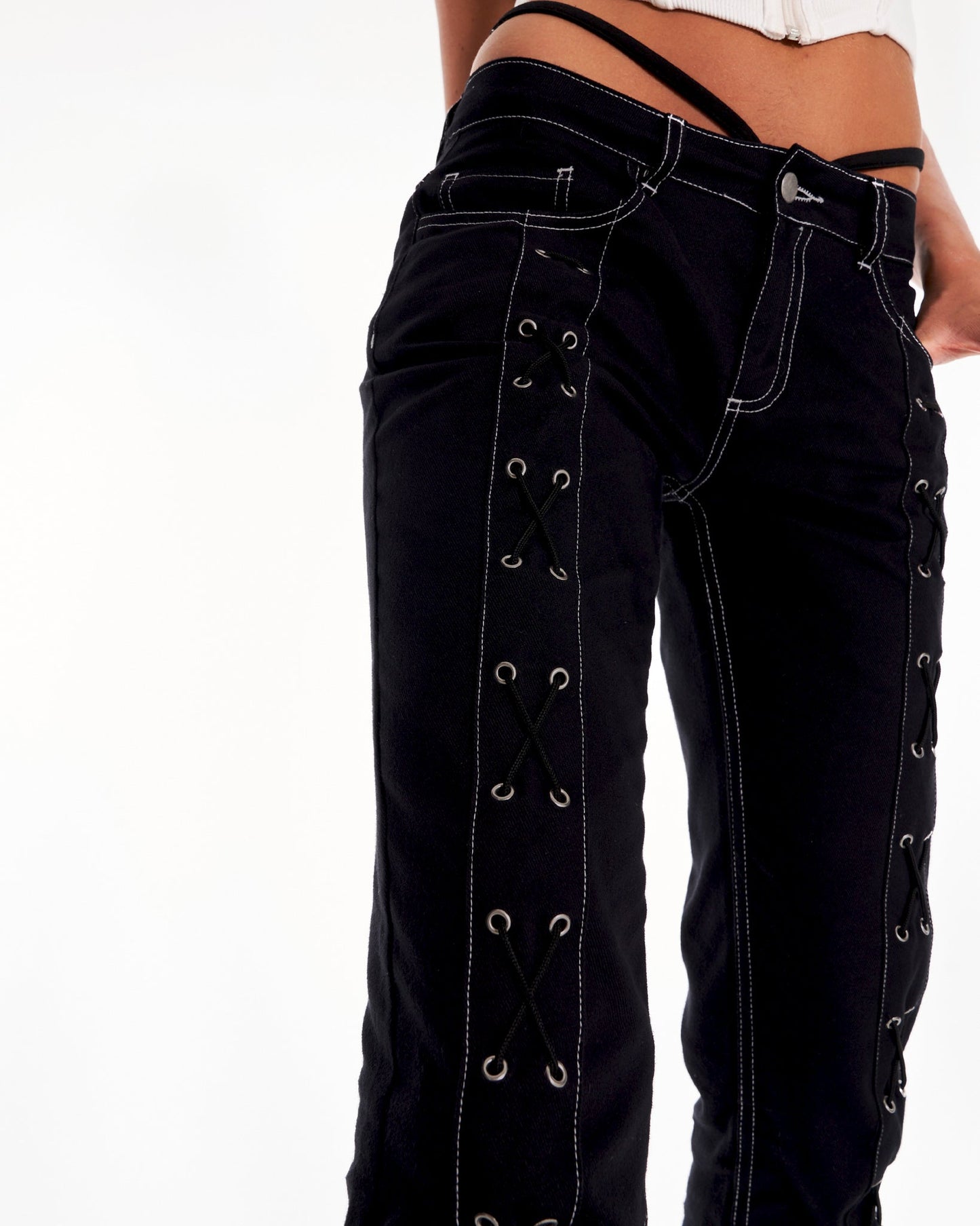 Cyber Y2K Low Rise Denim Eyelet Lace-Up Jeans In Black