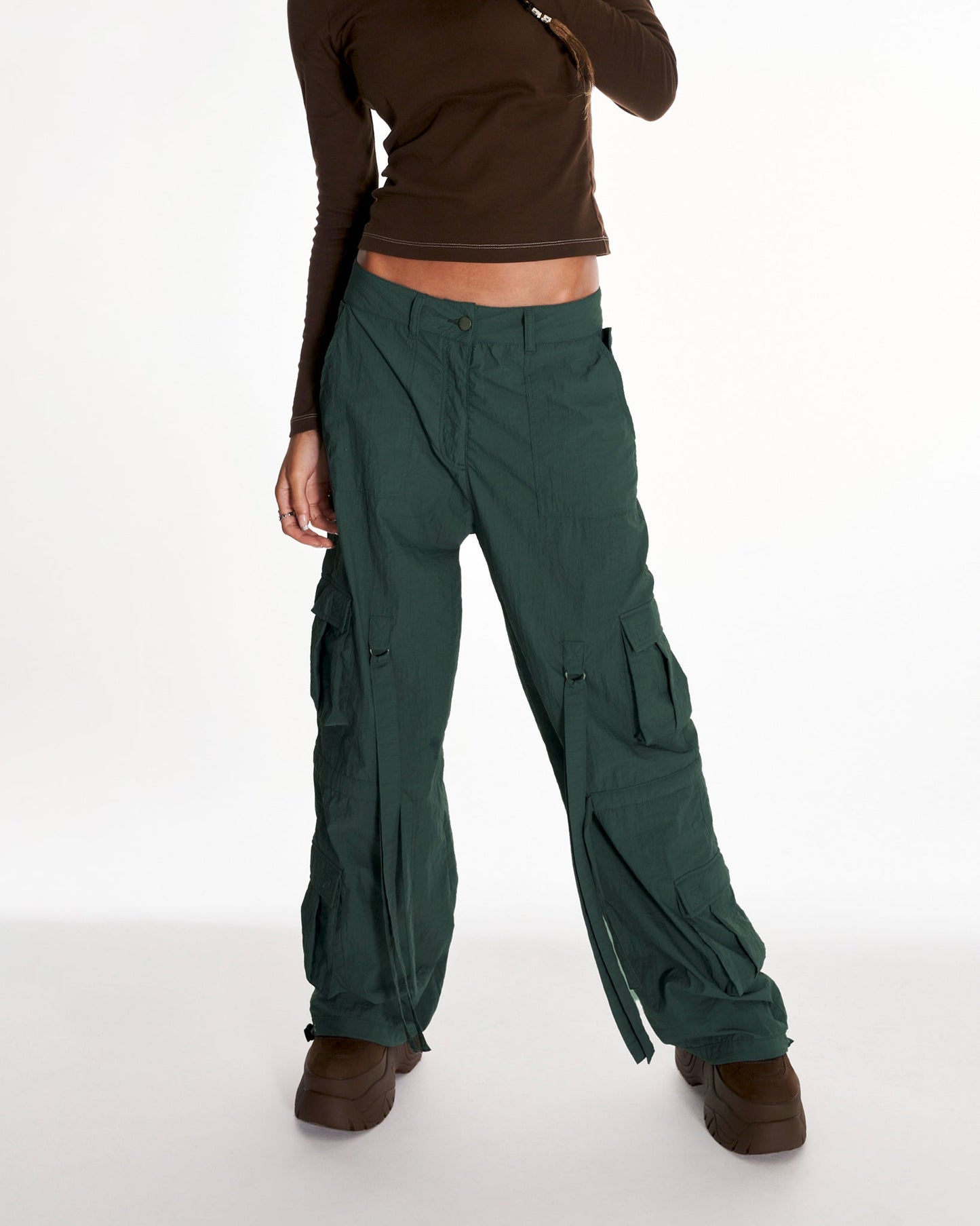 Green Knight Parachute Cargo Trousers With Tassels In Green