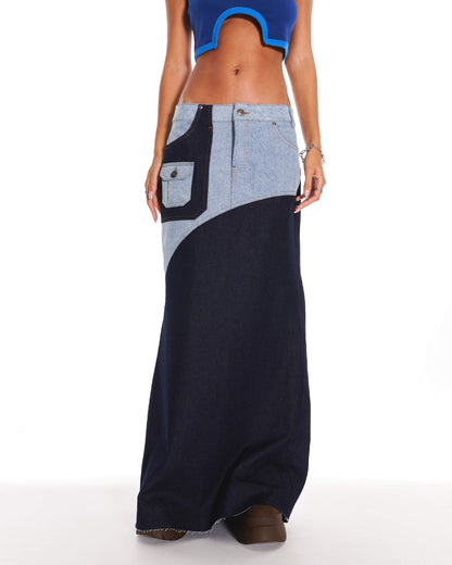 Sweet Tragedy Denim Patchwork Maxi Skirt In Blue