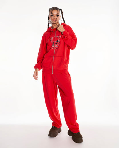 Devilish Staple Oversized Zip Up Hoodie With Graphic In Red