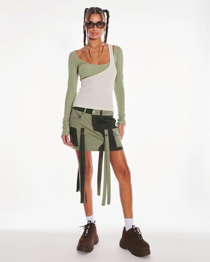 Mischief 2 Piece Long Sleeve Crop Top With Asymmetric Tank Top In Green