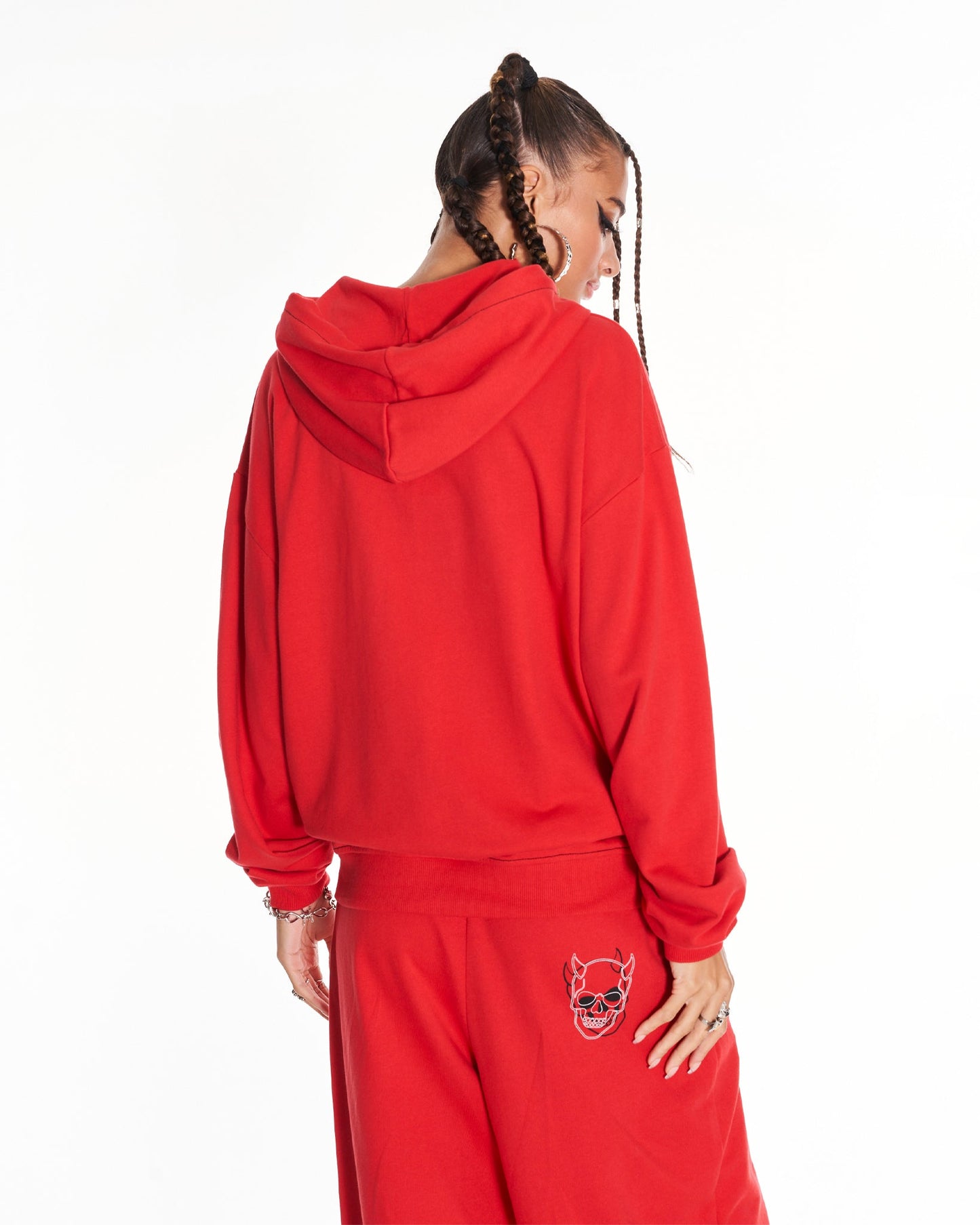 Devilish Staple Oversized Zip Up Hoodie With Graphic In Red