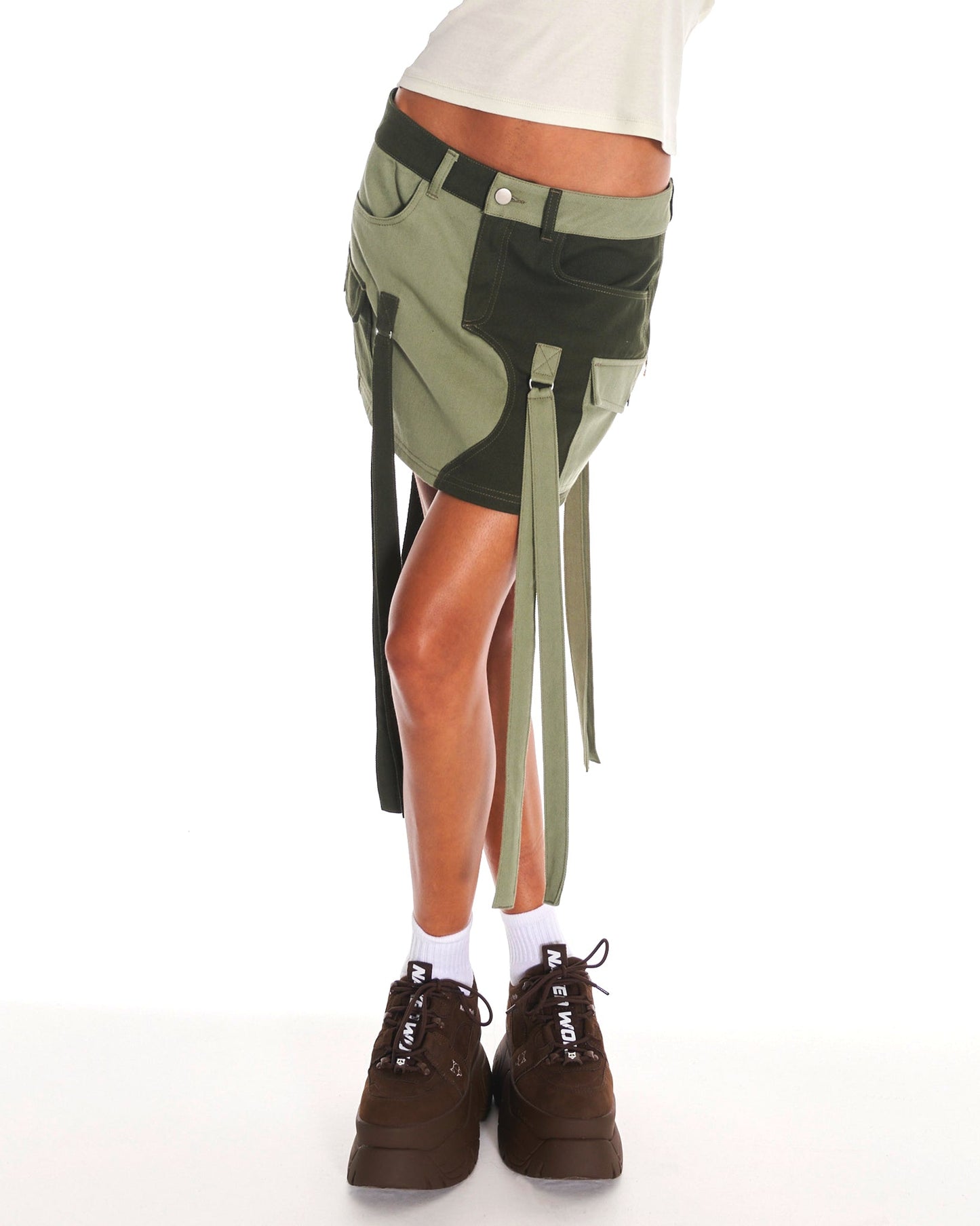 Cyber Twill Y2K Mini Cargo Skirt With Tassels In Green