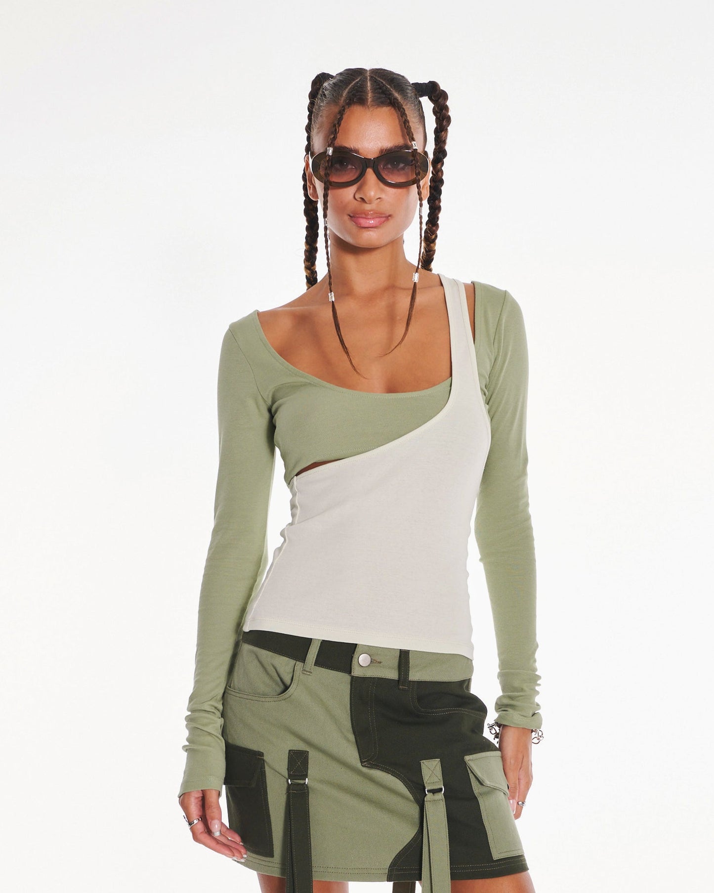 Mischief 2 Piece Long Sleeve Crop Top With Asymmetric Tank Top In Green