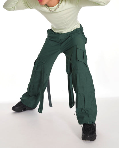 Green Knight Parachute Cargo Trousers With Tassels In Green