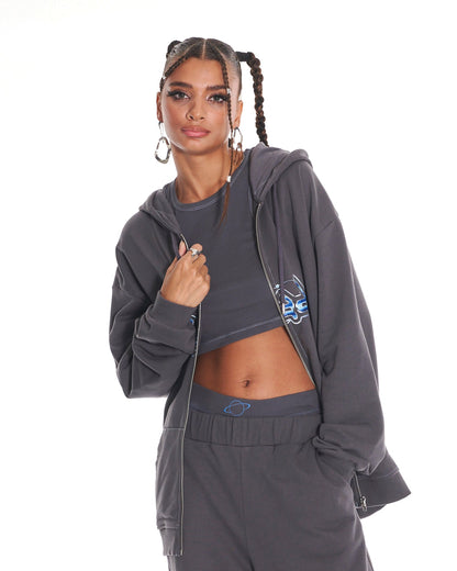 Cyber Staple Oversized Zip Up Hoodie With Graphic In Dark Grey