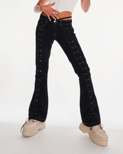 Cyber Y2K Low Rise Denim Eyelet Lace-Up Jeans In Black