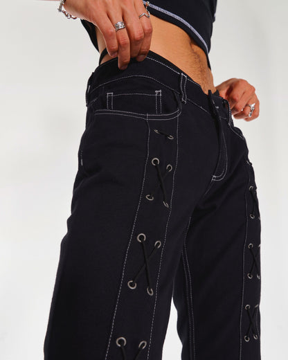 Cyber Y2K Low Rise Denim Eyelet Lace-Up Jeans In Black