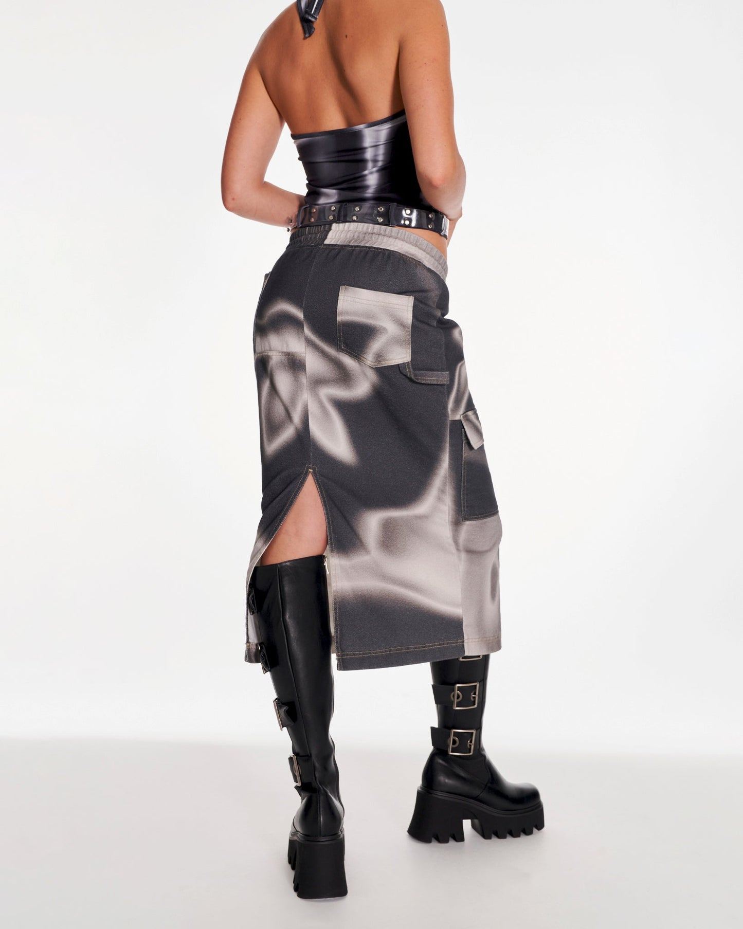 Spellbound Cargo Midi Skirt With Floral Mono Pattern