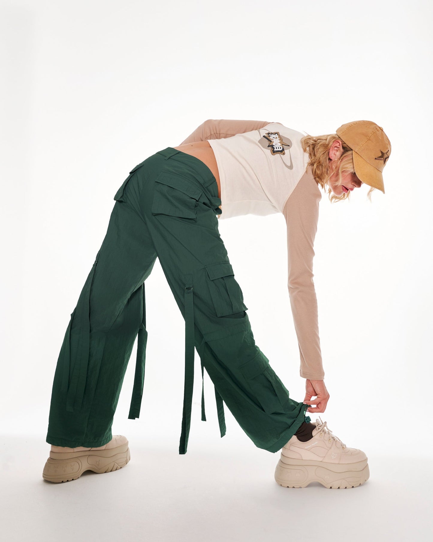 Green Knight Parachute Cargo Trousers With Tassels In Green