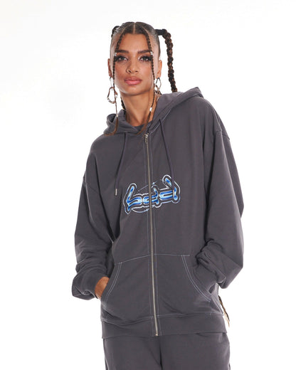 Cyber Staple Oversized Zip Up Hoodie With Graphic In Dark Grey