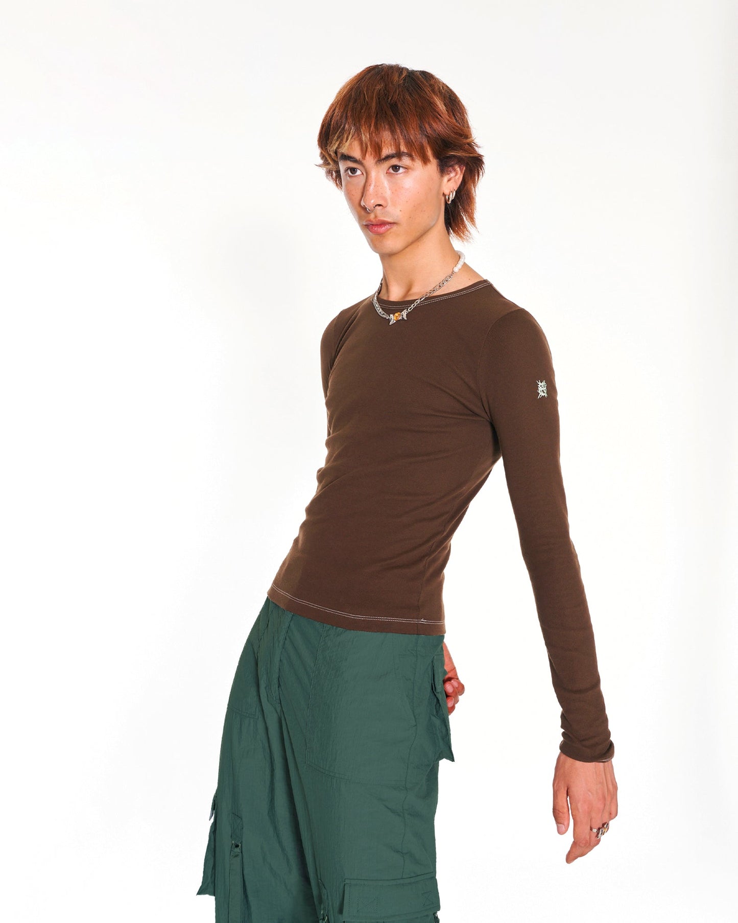 Trancemaster Long Sleeve Fitted Top With Embroidery In Brown