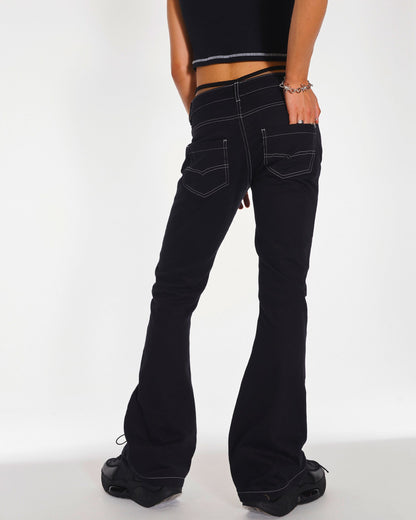 Cyber Y2K Low Rise Denim Eyelet Lace-Up Jeans In Black