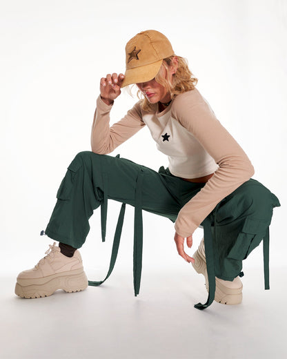 Green Knight Parachute Cargo Trousers With Tassels In Green