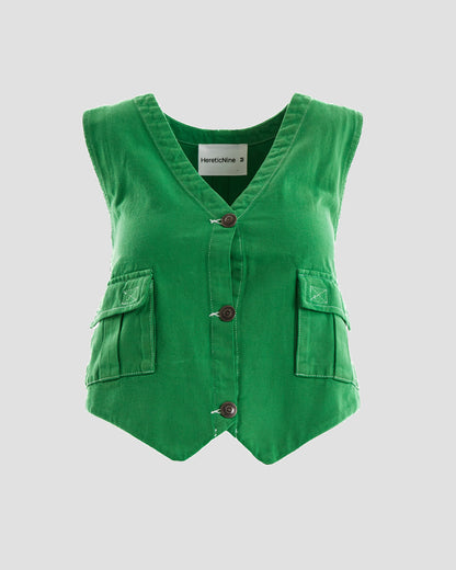 Clubland Co-Ord Button Up Technical Cargo Waist Coat in Green