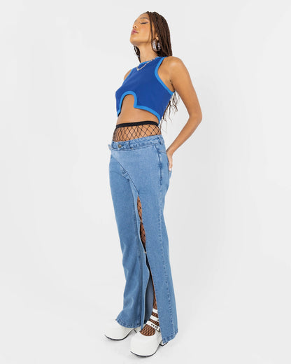 Tsuki Crop Tank Top With Cut Out In Blue