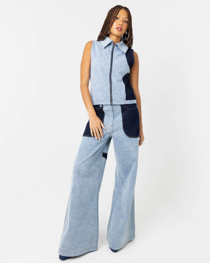 Lost & Found Co-Ord Denim Patchwork Gilet In Blue