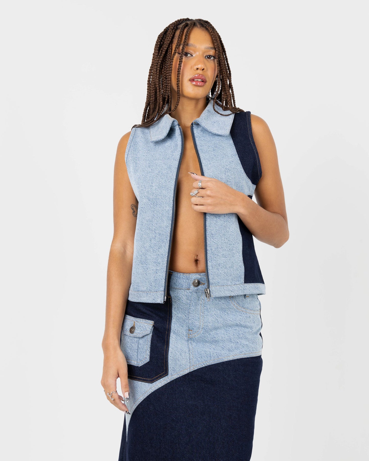 Lost & Found Co-Ord Denim Patchwork Gilet In Blue