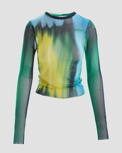 Liquid Mesh Fitted Long Sleeve Top with Print in Multicolour