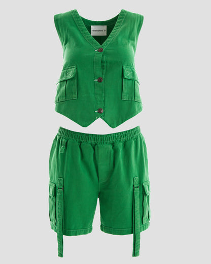 Clubland Co-Ord Button Up Technical Cargo Waist Coat in Green