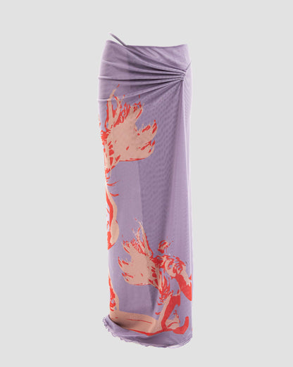 Modern Co-Ord Printed Mesh Wrap Maxi Skirt with Tie Detail in Purple