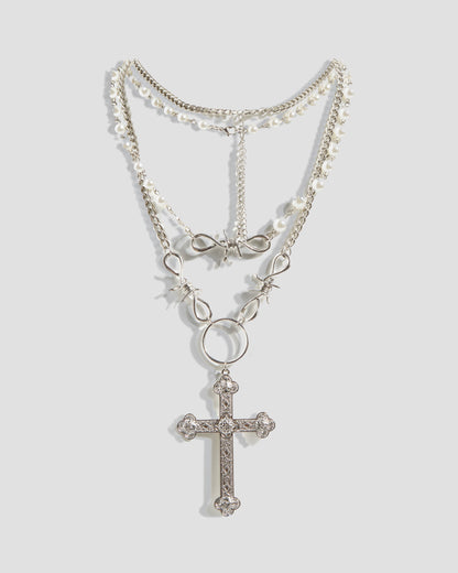 Hedonist Barbed Wire Stack Necklace with Pearls and Cross in Silver