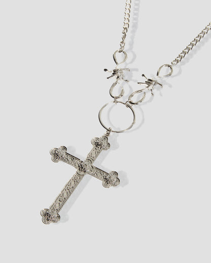 Hedonist Barbed Wire Stack Necklace with Pearls and Cross in Silver