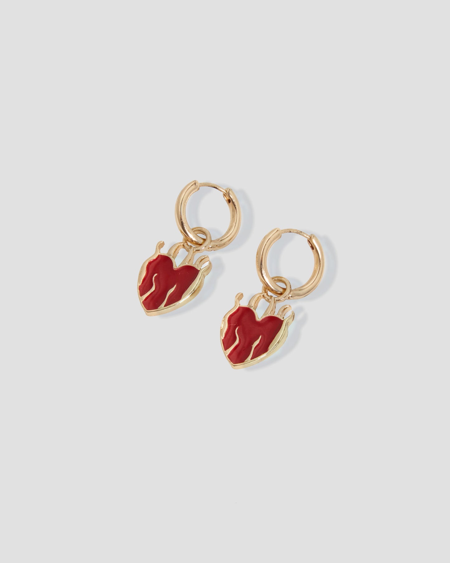 Tease Me Hoop Earrings with Red Flaming Heart Drop Charm in Gold