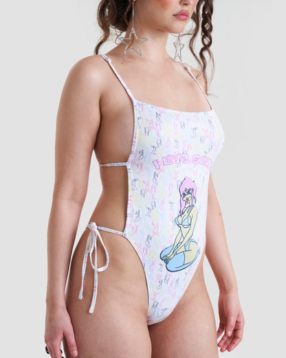 I Love Adjustable Swimsuit with Tie Open Back and Graphic Print in Multicolour