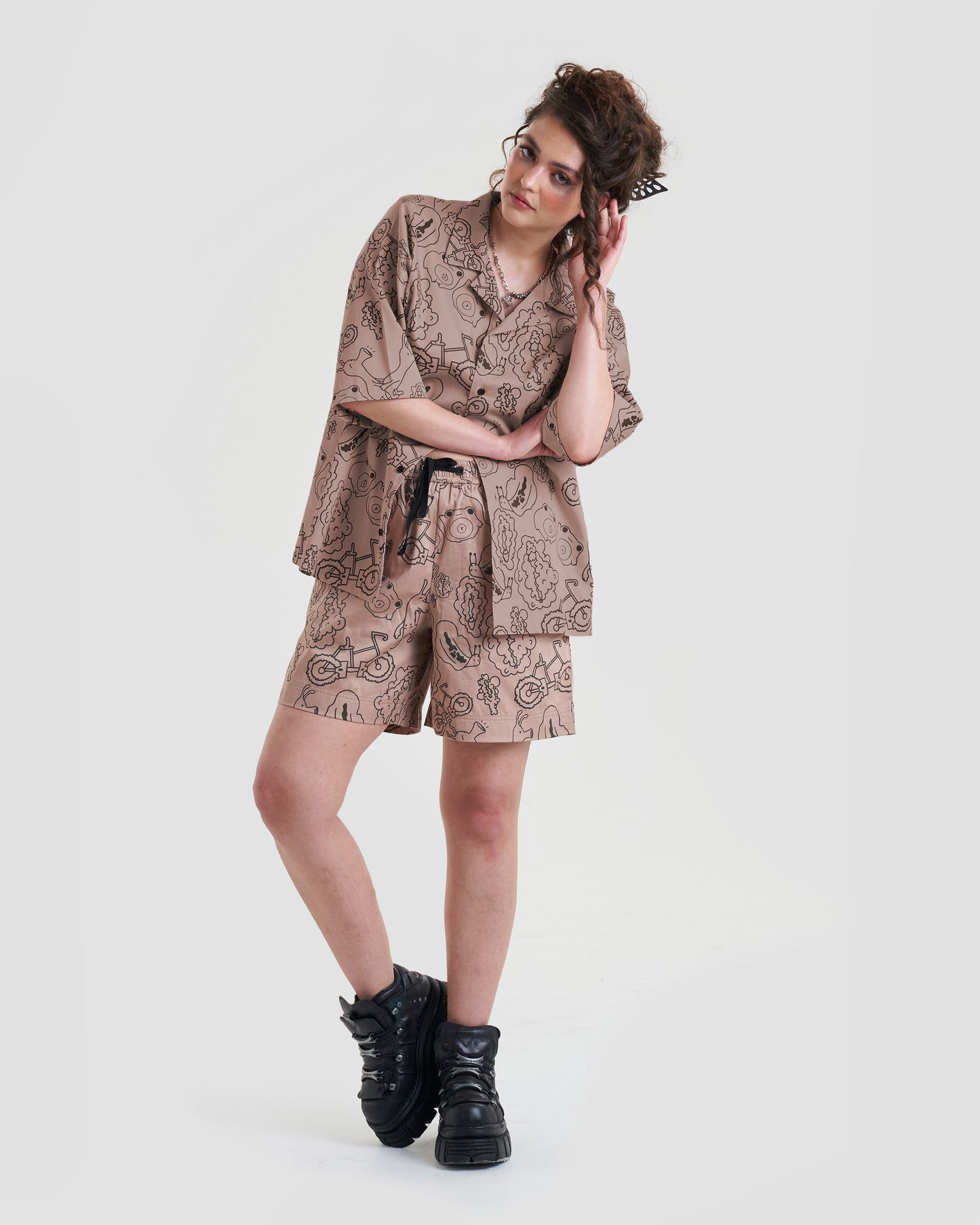 Taboo Oversized Baggy Button Up Shirt with Graphic Print in Light Brown