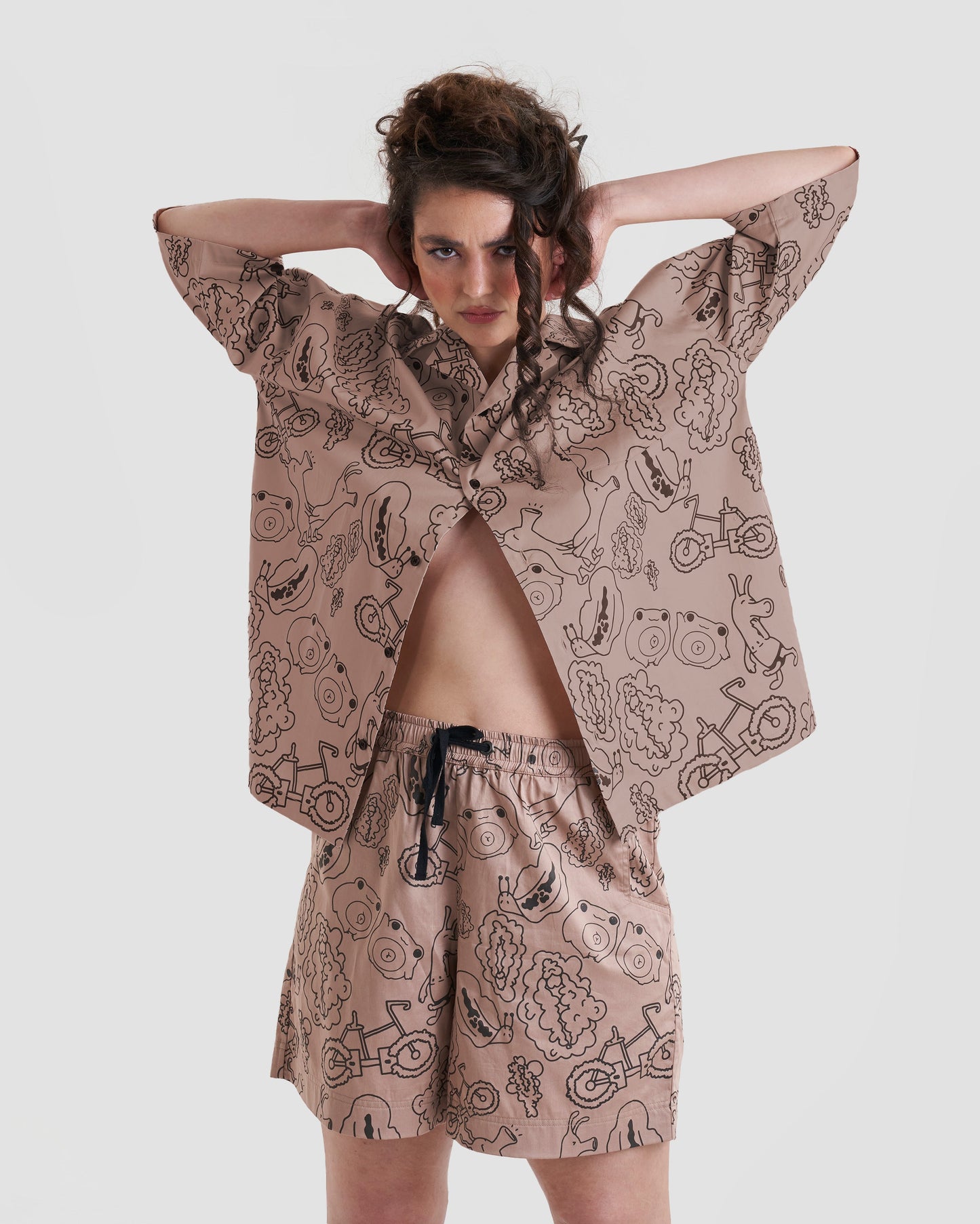 Taboo Oversized Baggy Button Up Shirt with Graphic Print in Light Brown