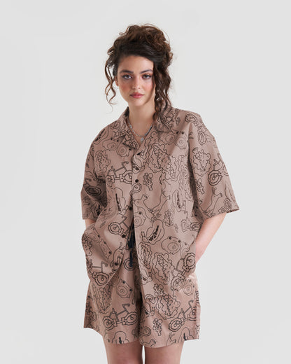 Taboo Oversized Baggy Button Up Shirt with Graphic Print in Light Brown