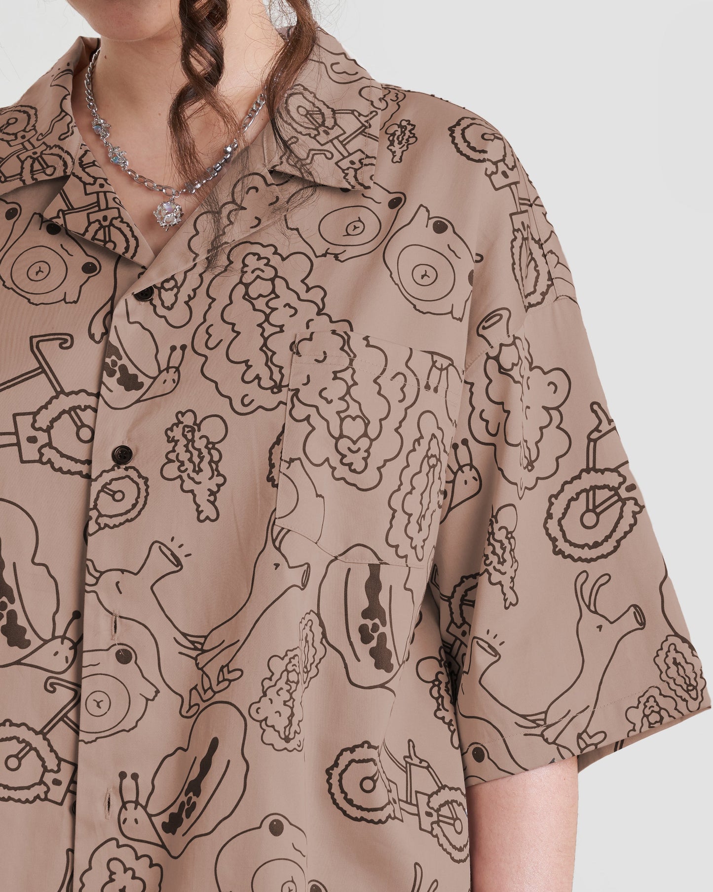 Taboo Oversized Baggy Button Up Shirt with Graphic Print in Light Brown