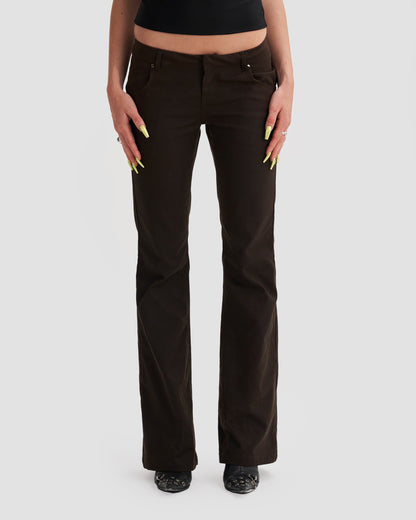 Low Waist Waxed Boot Cut Slim Trousers in Brown