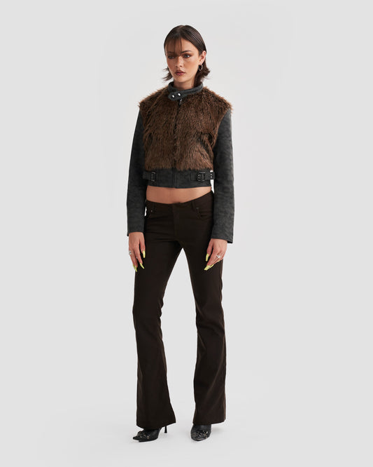 Faux Fur Bomber Jacket with Buckles in Brown