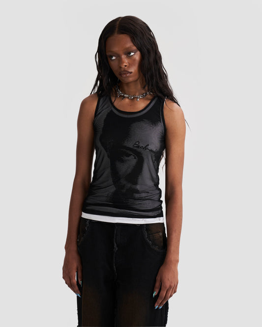 Double Layer Mesh Tank Top with Print & Embroidery in Black